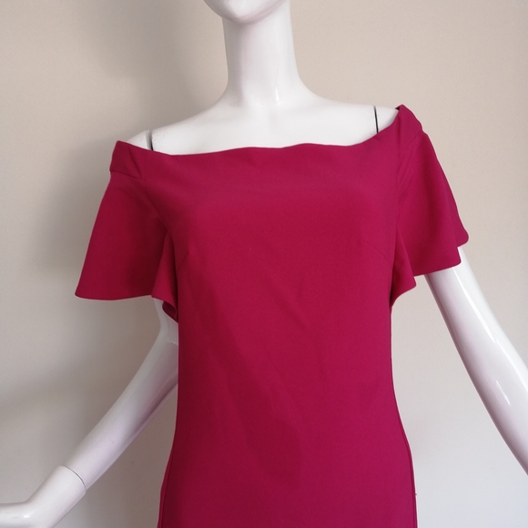 One-Shoulder Fuchsia Midi Dress with Flutter Detail - Picture 5 of 8